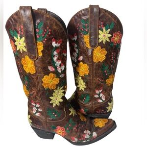 Lane Boots Floral Embroidery Flower Cowboy Cowgirl Flower Wedding RARE Size 8